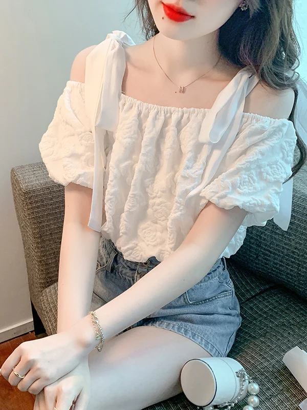 

Chic Shoulder Bubbles Sleeve Shirt Women's Design Summer 2026 New Sweet Korean Style Fashionable Top Polyester Fiber Short Sl...