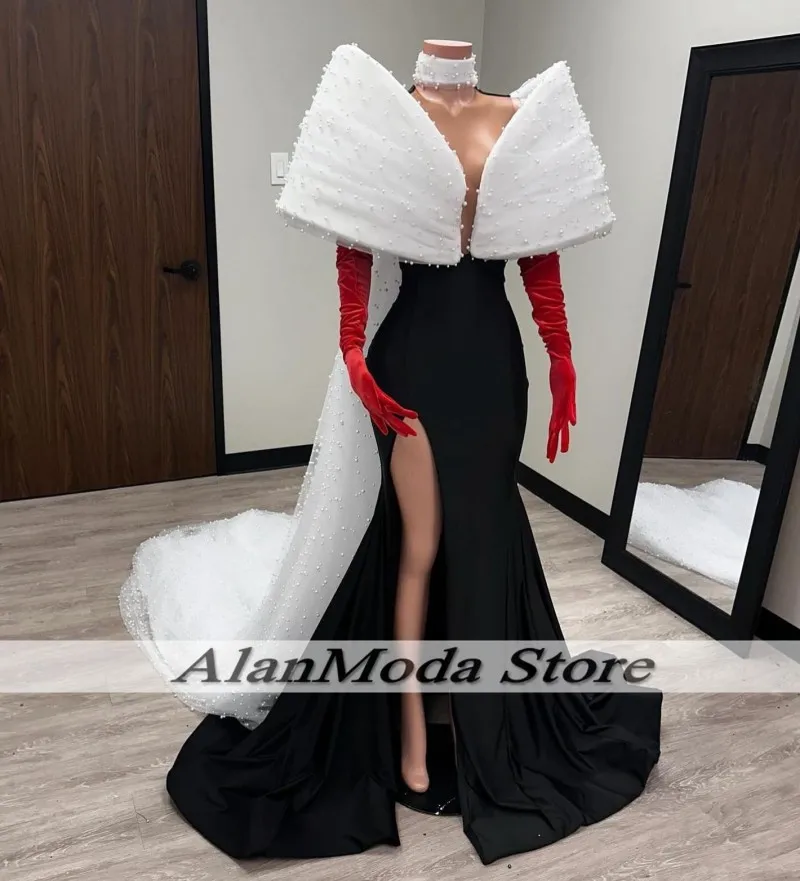 Luxury Black and Wite Evening Dresses With Tarin Pearls Sheer Neck Mermaid Wedding Guest Gowns Dubai Abiye Elbise