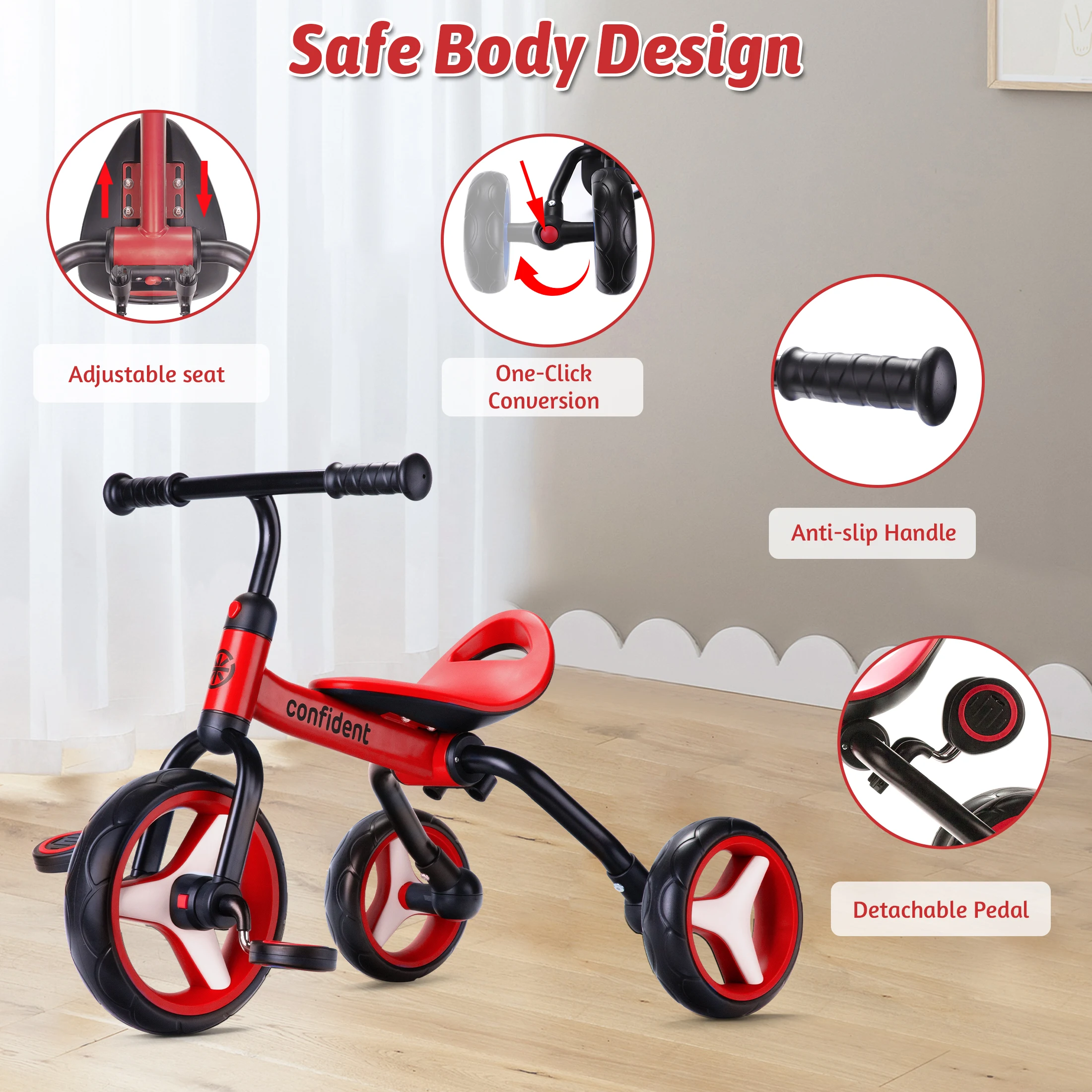 4 In 1 Kids Tricycle For 2-5 Years Old Boy & Girl Gift, Folding Toddler Balance Bike With Removable Pedals Balance Training Bike