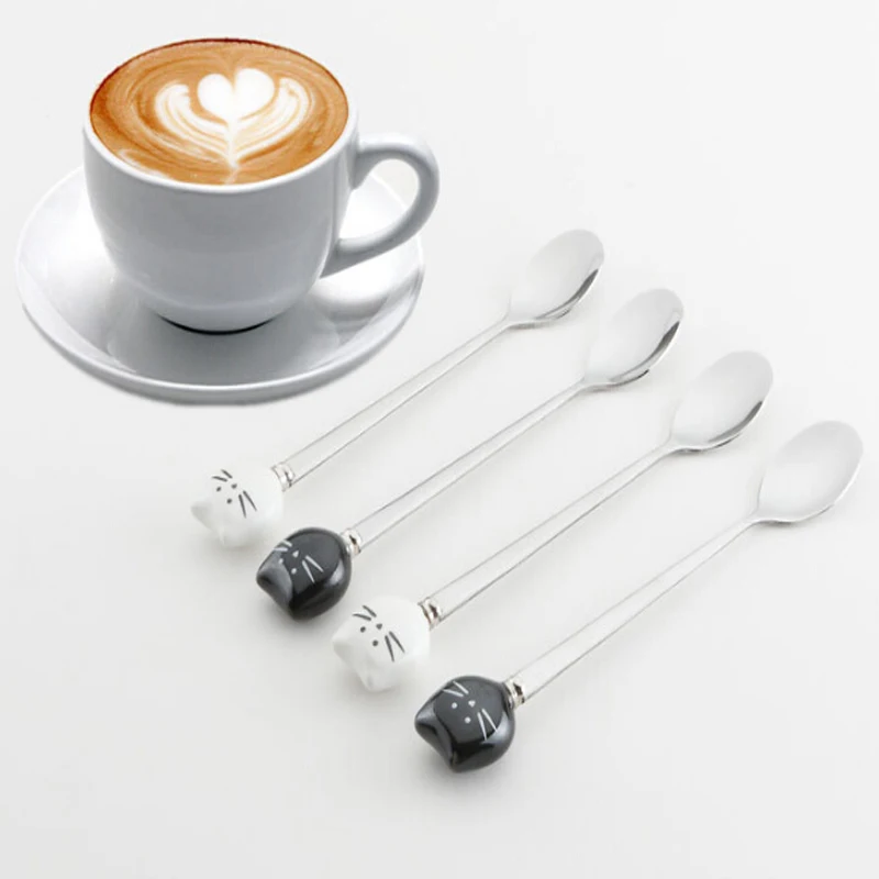 1pc Cartoon Cute Cat Fork Stainless Steel Long Handle Stirring Spoon Fruit Fork Coffee Spoon Ceramic Handle