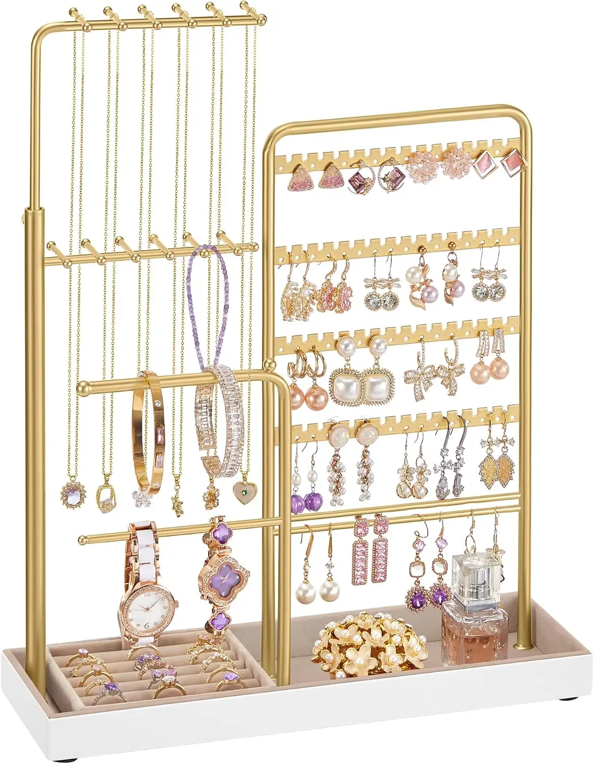 LUNEVA Store SONGMICS Jewelry Holder, Jewelry Storage Organizer Stand with Metal Frame, Velvet Tray, 12.1 to 18.7 Inches Tall Height Adjustable Necklace Holder, for Rings, Earrings, Pale Gold UJJS026A01