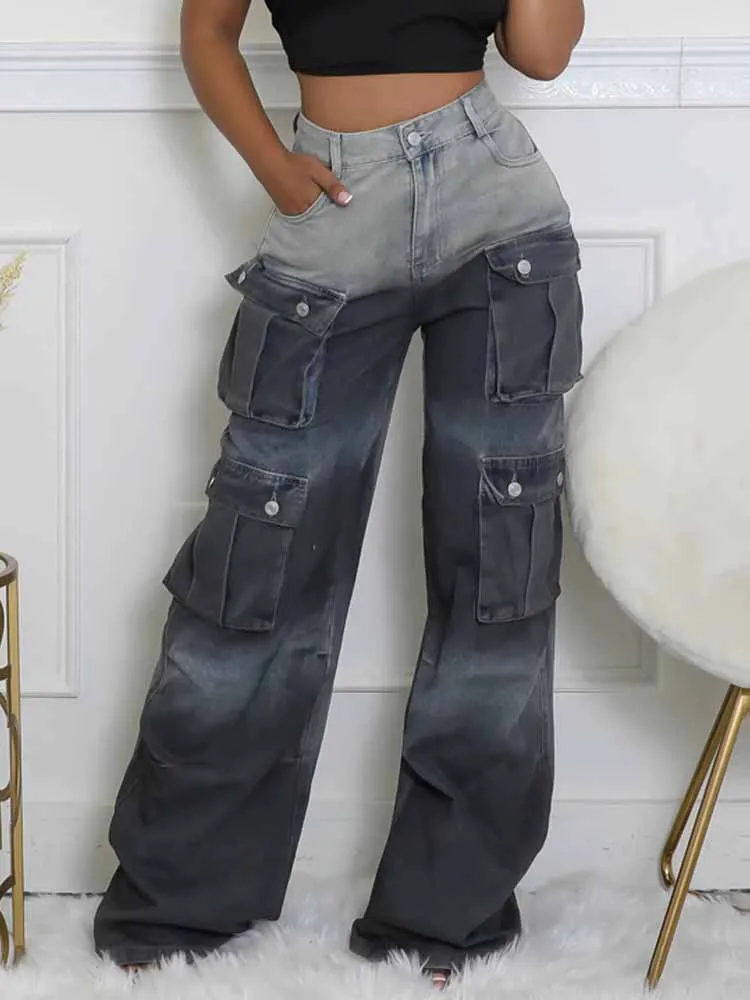 

BKQU Vintage Multi Pockets Cargo Jeans Women Fashion Gradient High Wais Straight Baggy Denim Pants Street Boyfriend Style Jeans