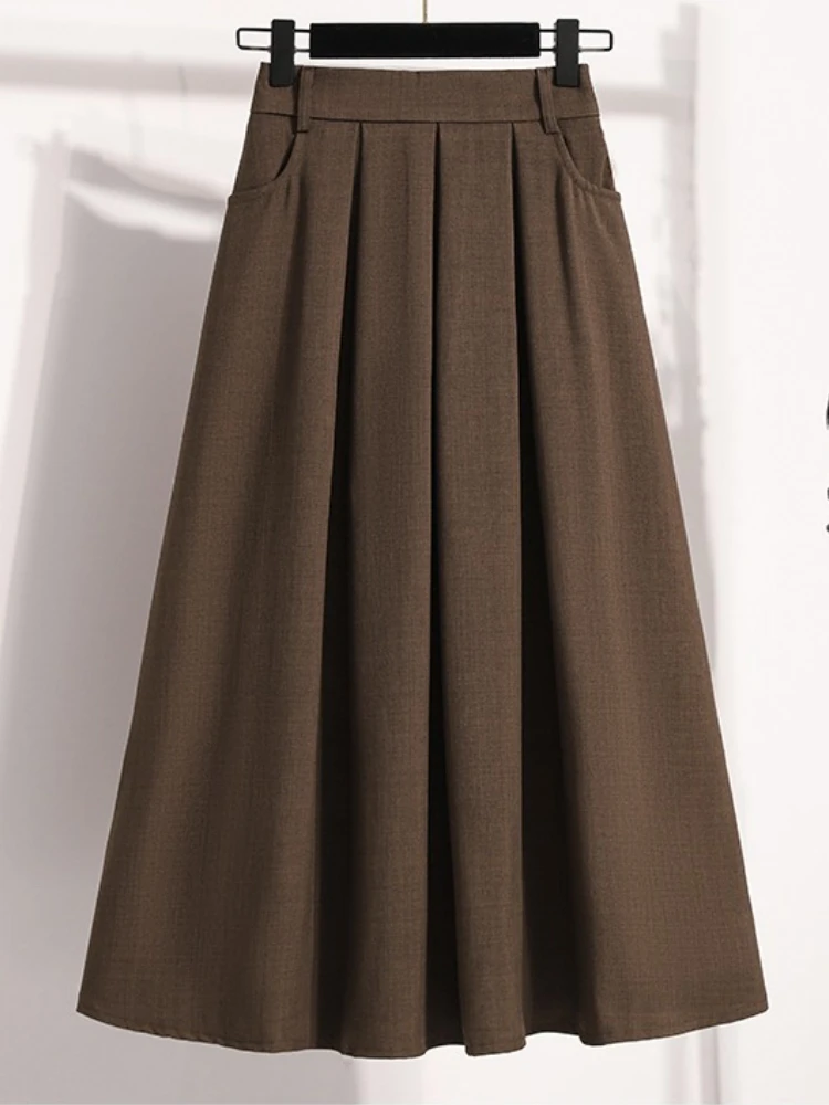 Solid Versatile Medium Length Pleated Skirt 2025 Plus Size Skirts A-Line Maxi Gown Spring Autumn New Half-length Umbrella Skirt