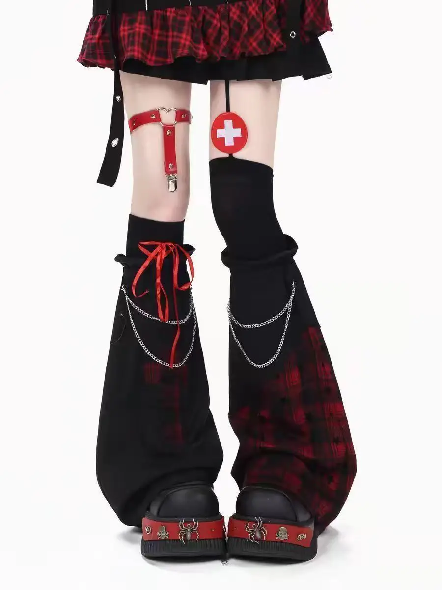 Y2K Harajuku Plaid Strap Leg Warmers Women Sweet Subculture Slim Leg Socks Gothic vintage Aesthetic Irregular Leg Cover New