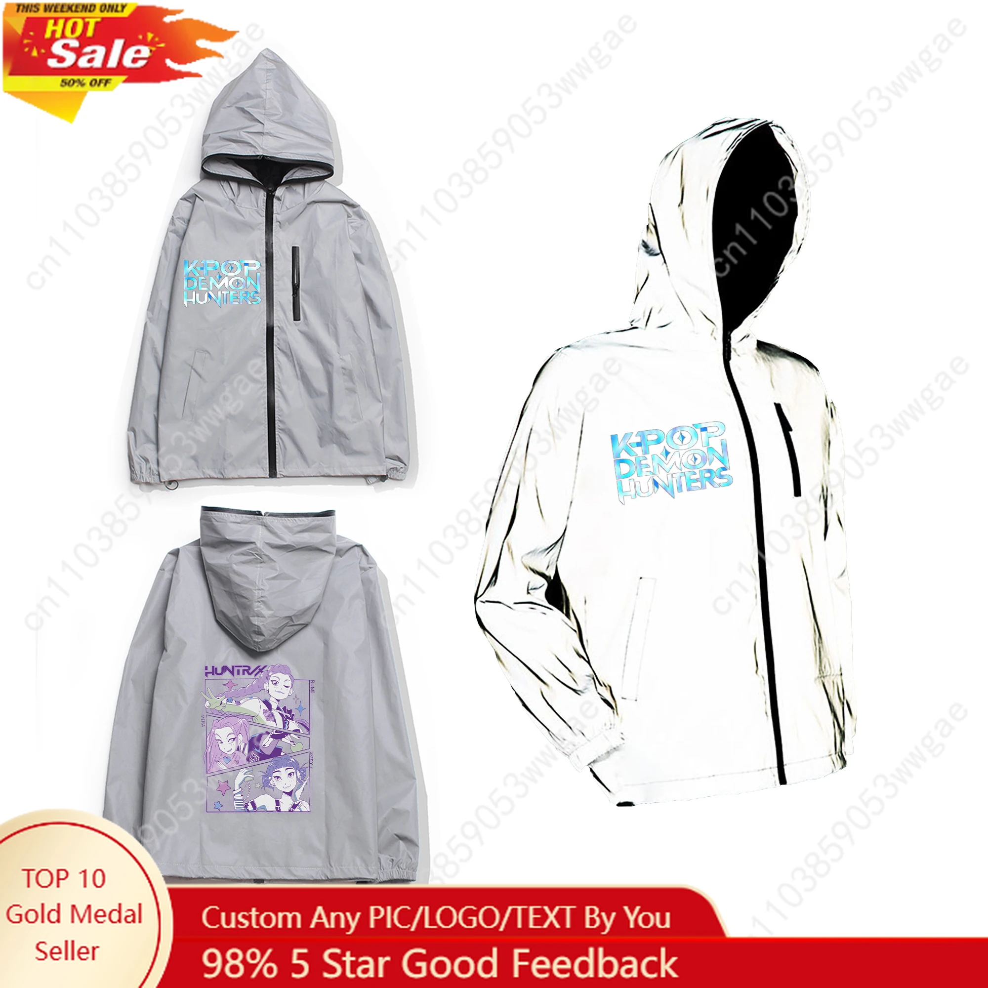 

KPop Demon Hunters Reflective Jacket Man Women Coat Hooded Windbreaker Run Pocket Jacket Cycling Hiking Zipper Customized Hoodie