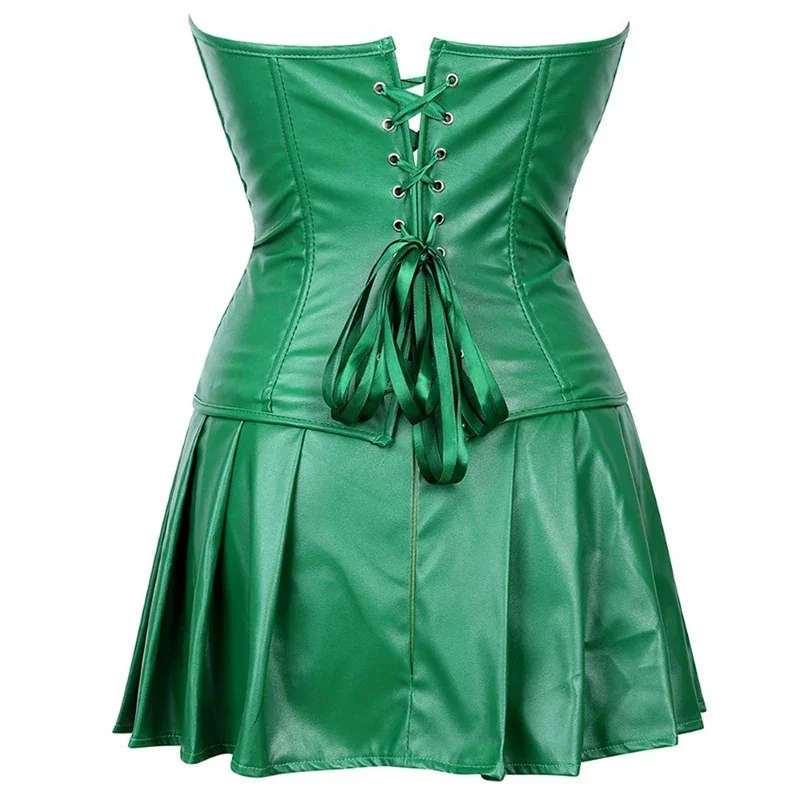 Damen Punk-Kleider mit Reißverschluss, Gothic Lederkorsett-Top, Lederkorsetts, Minirock, Sexy Damen-Lochkleid mit Schnürung, Plissiertes Cosplay-Kleid – Detail 11