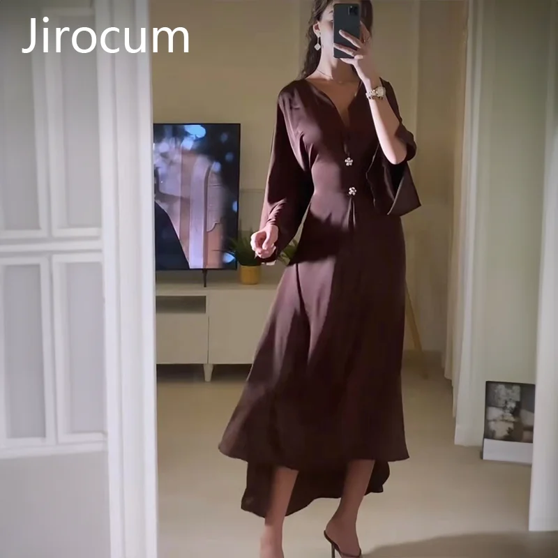 Jirocum V Neck Lace Up Evening Dress Elegant Women 2024 New Party Prom Gowns Slit Sleeves Saudi Arabia Formal Occasion Gown Robe