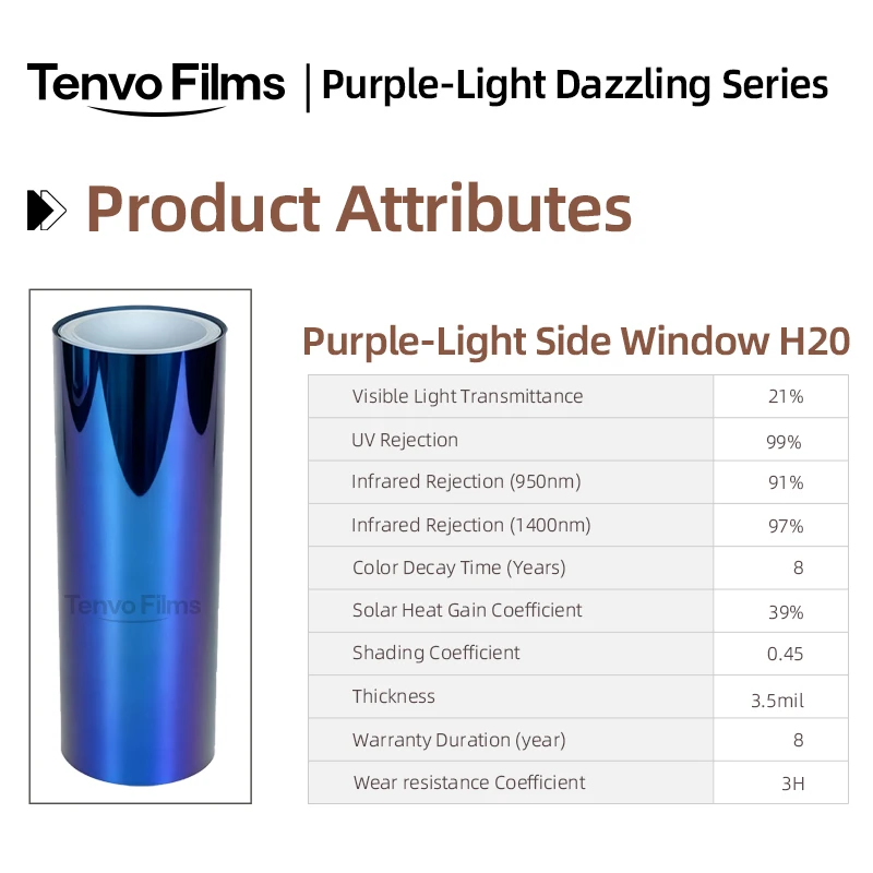 PET Purple Ghost H20 Color‑Shift Side Window Film Chameleon Tint Anti‑Yellowing UV‑Rejection Clean Removable