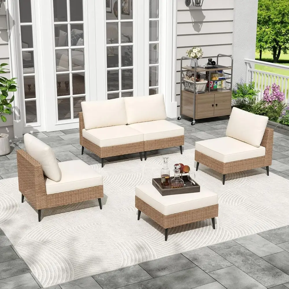

5 Pieces Outdoor Patio urniture Set, Wicker Sectional Soa Couch, Rattan Contion Sets with Cushions or Deck, Backyard, Porch (Kha