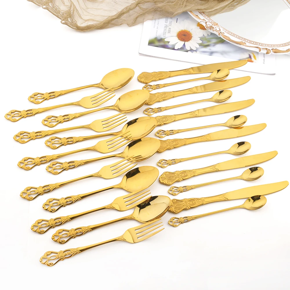 24Pcs Gold Dinnerware Set Vintage Western Tableware Set Stainless Steel Cutlery Kitchen Knife Fork Long Ice Spoon Silverware Set