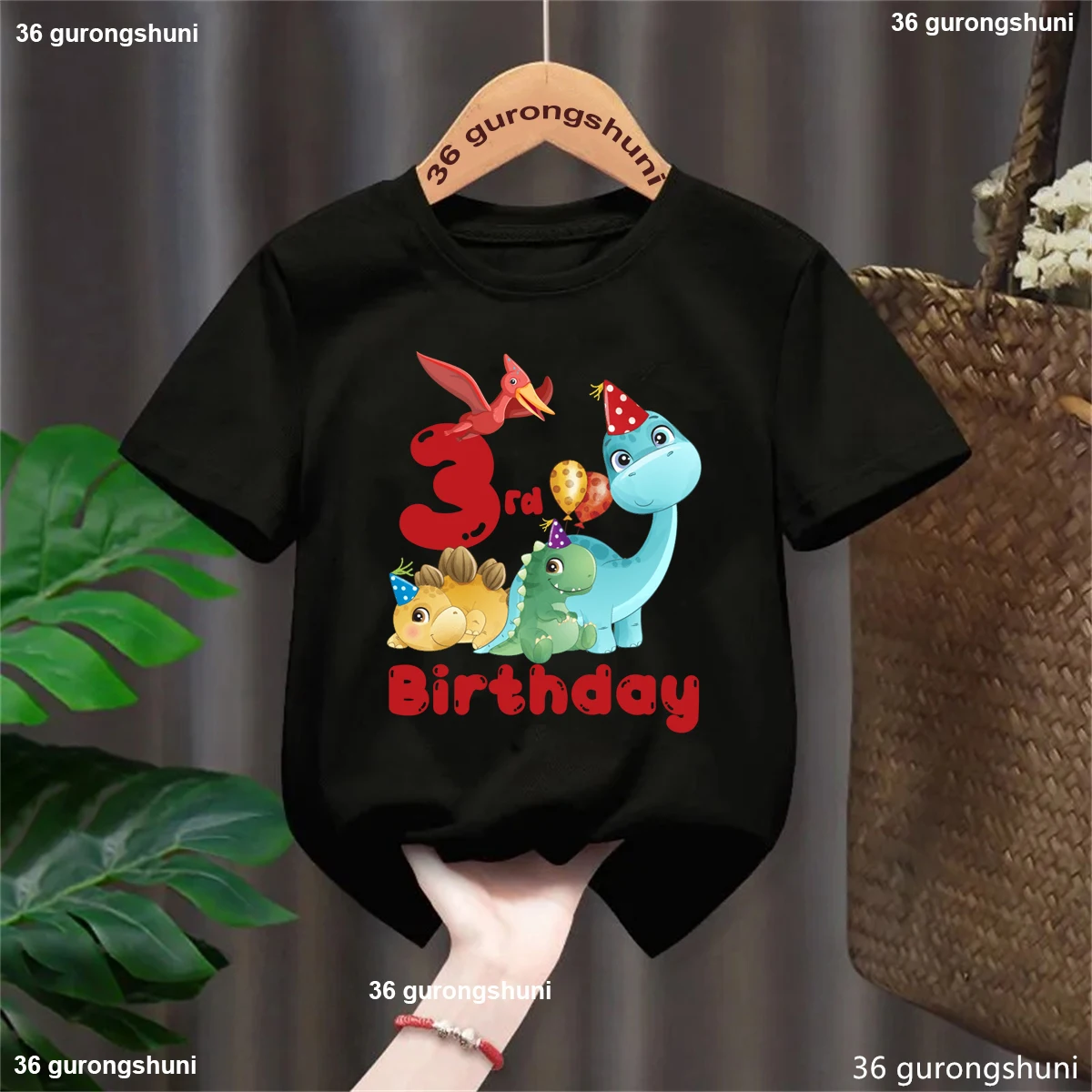Black Tshirt 2nd/3rd/4th Birthday Dinosaur Balloon Graphic Printed T Shirt Girls/Boys Funny Kawaii Kids Clothes Soild T-Shirt