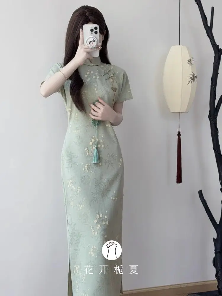 

Green Summer Long Qipao Elegant Retro Cheongsam 2025 New Mandarin Chinese Style Improved Young Classic Qipao Dress