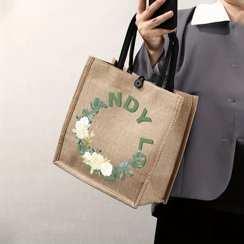Custom Name White Floral Wreath Print Linen Tote Bag Reusable Shopping Bag Personalized Gift Women Grocery Storage Handbag