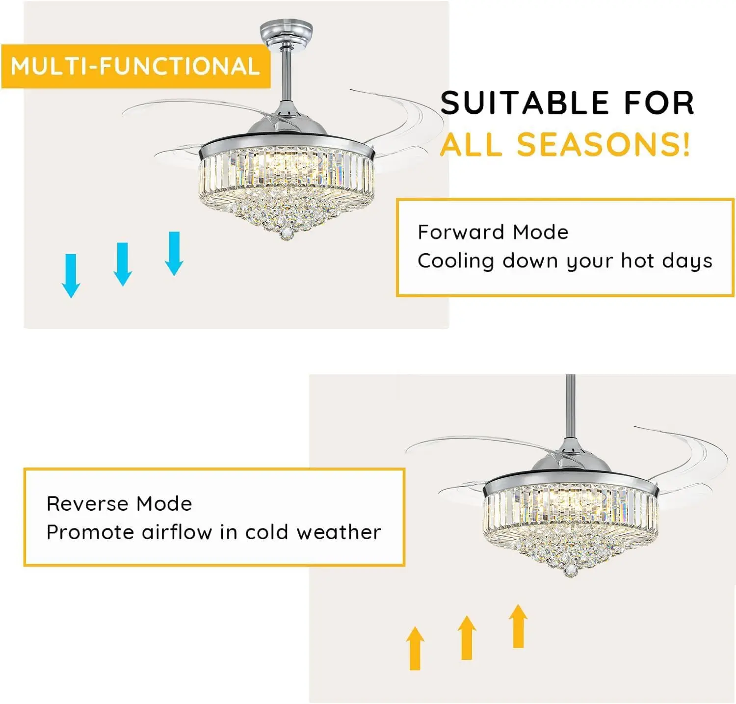 Fandelier de cristal regulável moderno de 48 polegadas, ventiladores de teto com lâminas retráteis com luz e controle remoto