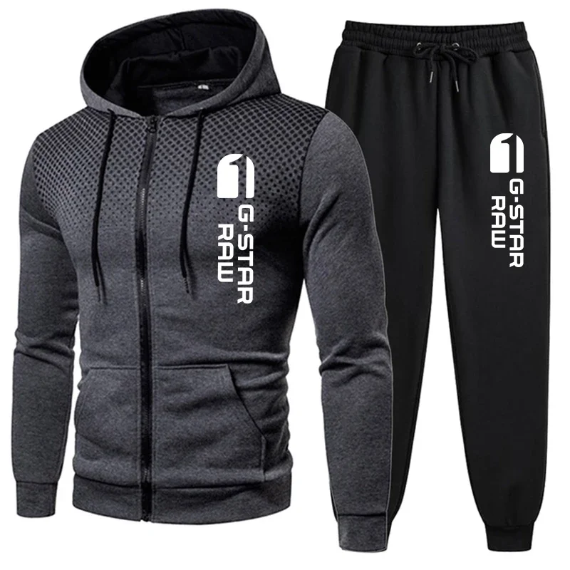 2024 Mens Tracksuits Casual Print Round Dot Zipper Hooded Sweatshirt+Sweatpants Set Autumn Winter High Quality Jogging Clothing