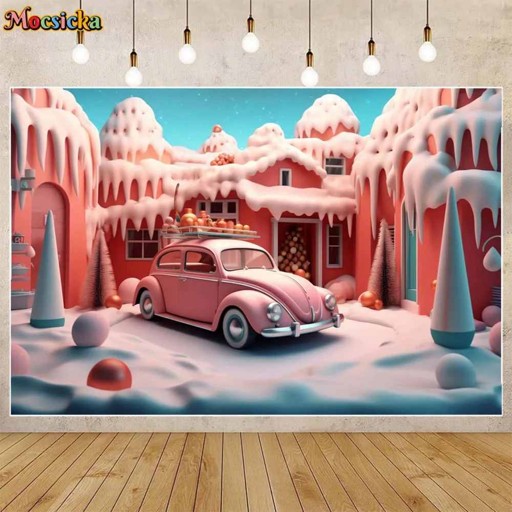 Mocsicka Pink Castle Candyland Backdrop Baby Kids Birthday Party Decor Winter Snow Photography Background Studio Photocall Props