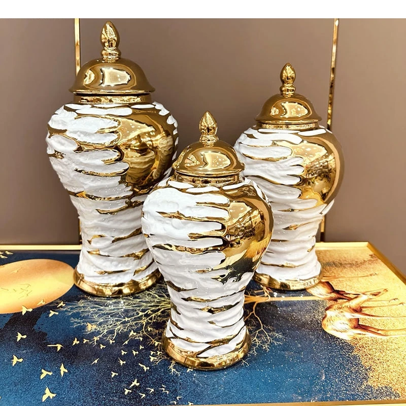 Golden Splash Stripe Ceramic Storage Gold-plated Ginger Jar Dresser Table Jewelry Organizer Box Cosmetics Container