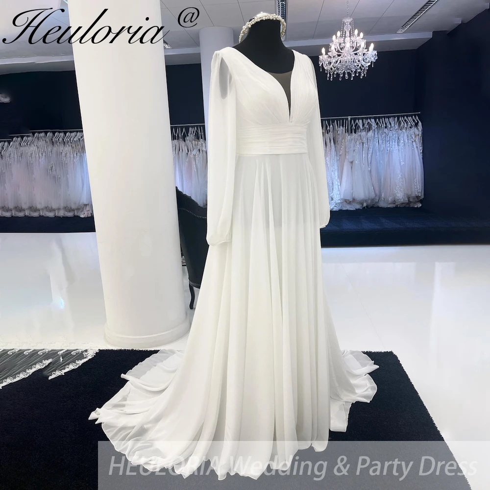 

elegant A line wedding dress long sleeve v neck chiffon bridal dress Robe De Mariee Wedding Bride Dress