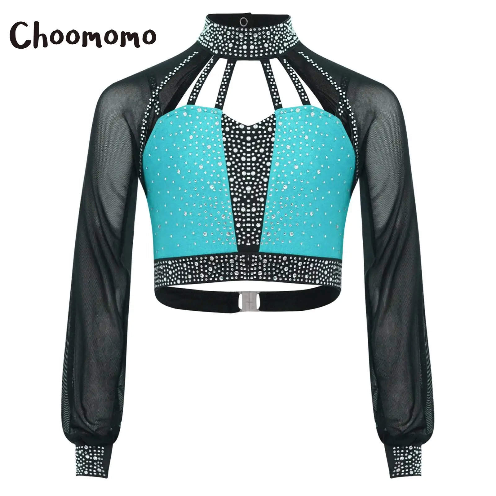 الفتيات الباليه الرقص الغنائي المحاصيل القمم طويلة الأكمام بقماش شفاف عارية الذراعين الراين اللاتينية الجاز الشكل التزلج الجمباز قميص علوي #1