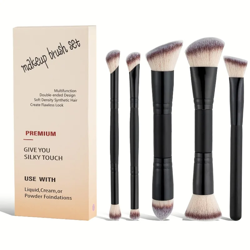 5PCS/set 2 in 1 Foundation Makeup Brush Double Head Flat/Angled Foundation Concealer for Blending Loose Powder Concealer Cream