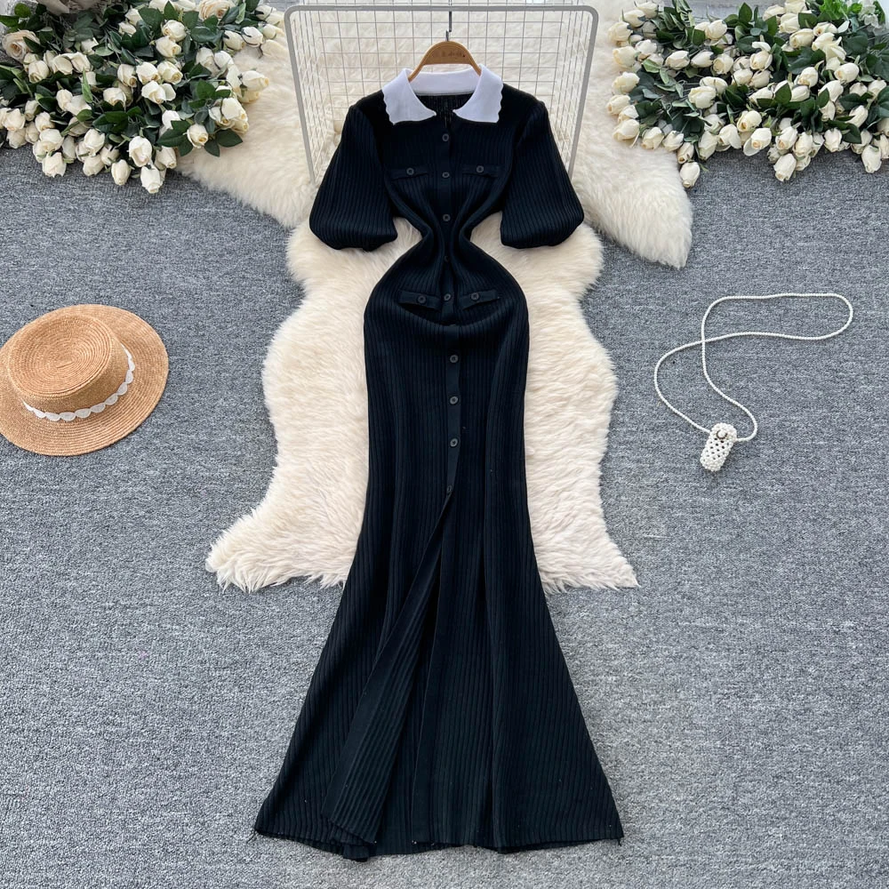 Chic vintage Polo-Neck Knit split Elegant Fairy korean fashion Boho Sundress women clothing Long dress