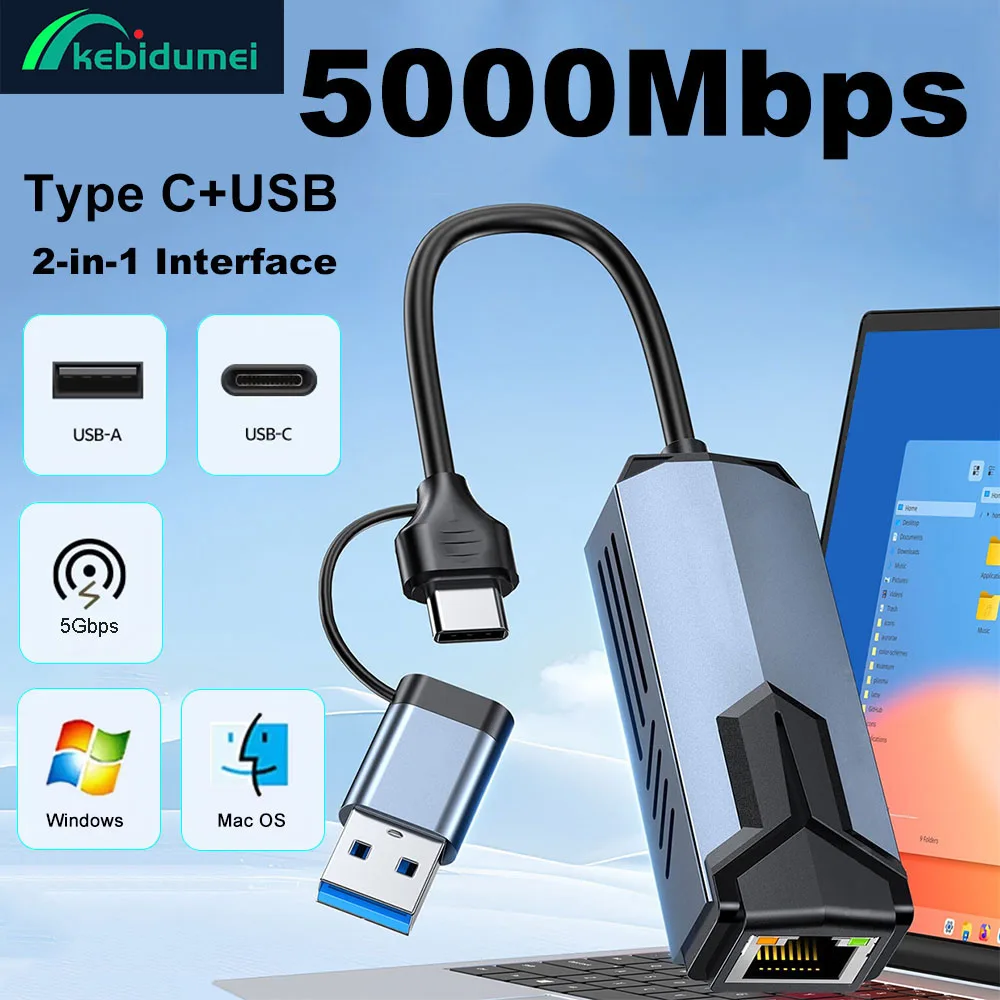 

Kebidumei 5G Проводная сетевая карта USB 3.0 TYPE C к RJ45 Адаптер RTL81527 5000 Мбит/с Высокоскоростной для NAS MacBook Pro Ноутбук Планшет