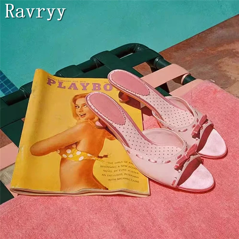 Sweet Pink Butterfly Knot Slippers Women Summer New Open Toe Kitten Heels Sandals Girls Dress Party Casual Shoes