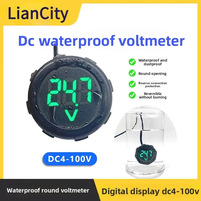 Waterproof Round DC Voltmeter LED Digital Display 4-100V Two-Wire Universal for Vehicle