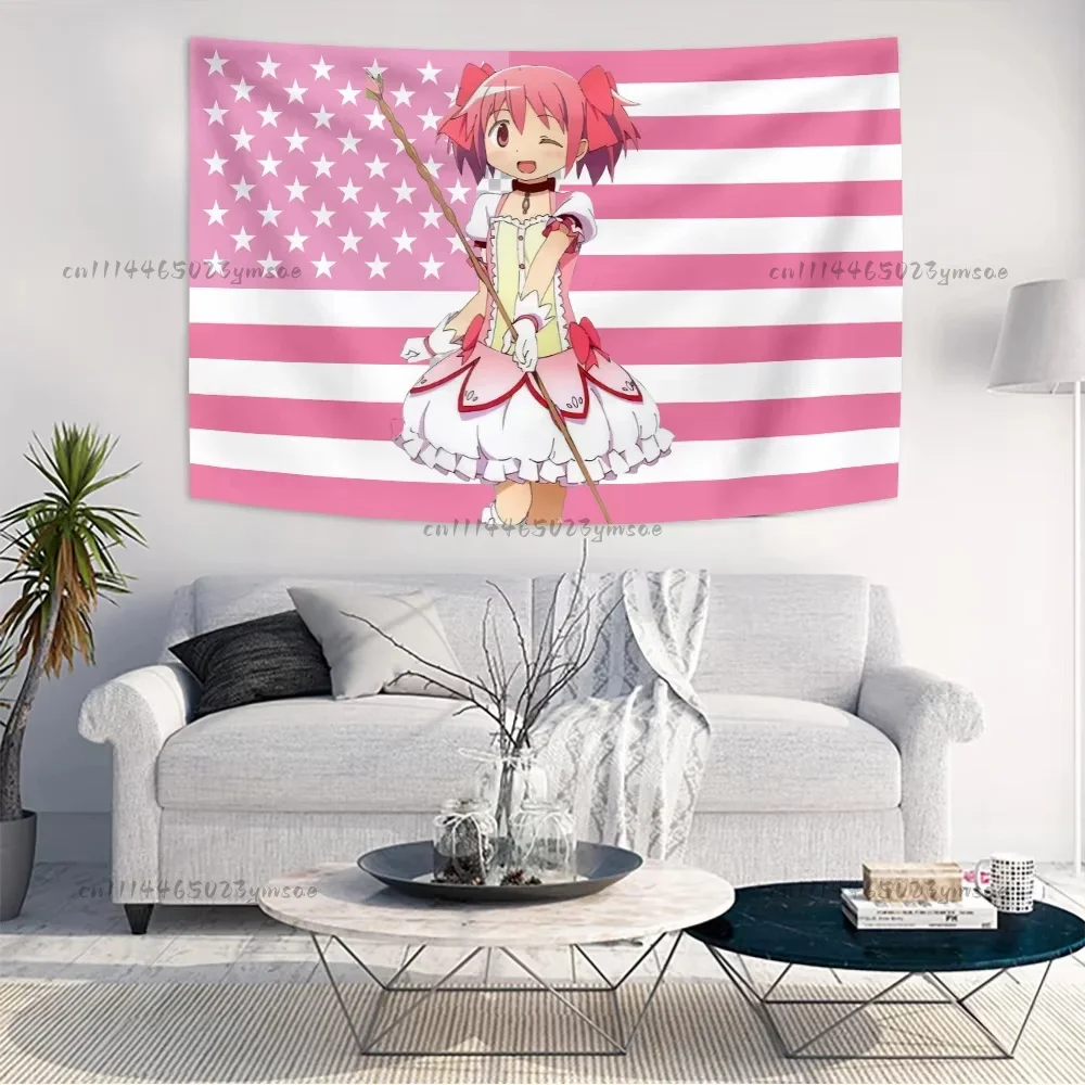Anime Tapestry Pink American Flags Tapestry Magical Girl Madoka Wall Art Decor Bedroom Living Room Background Cloth Best Gifts