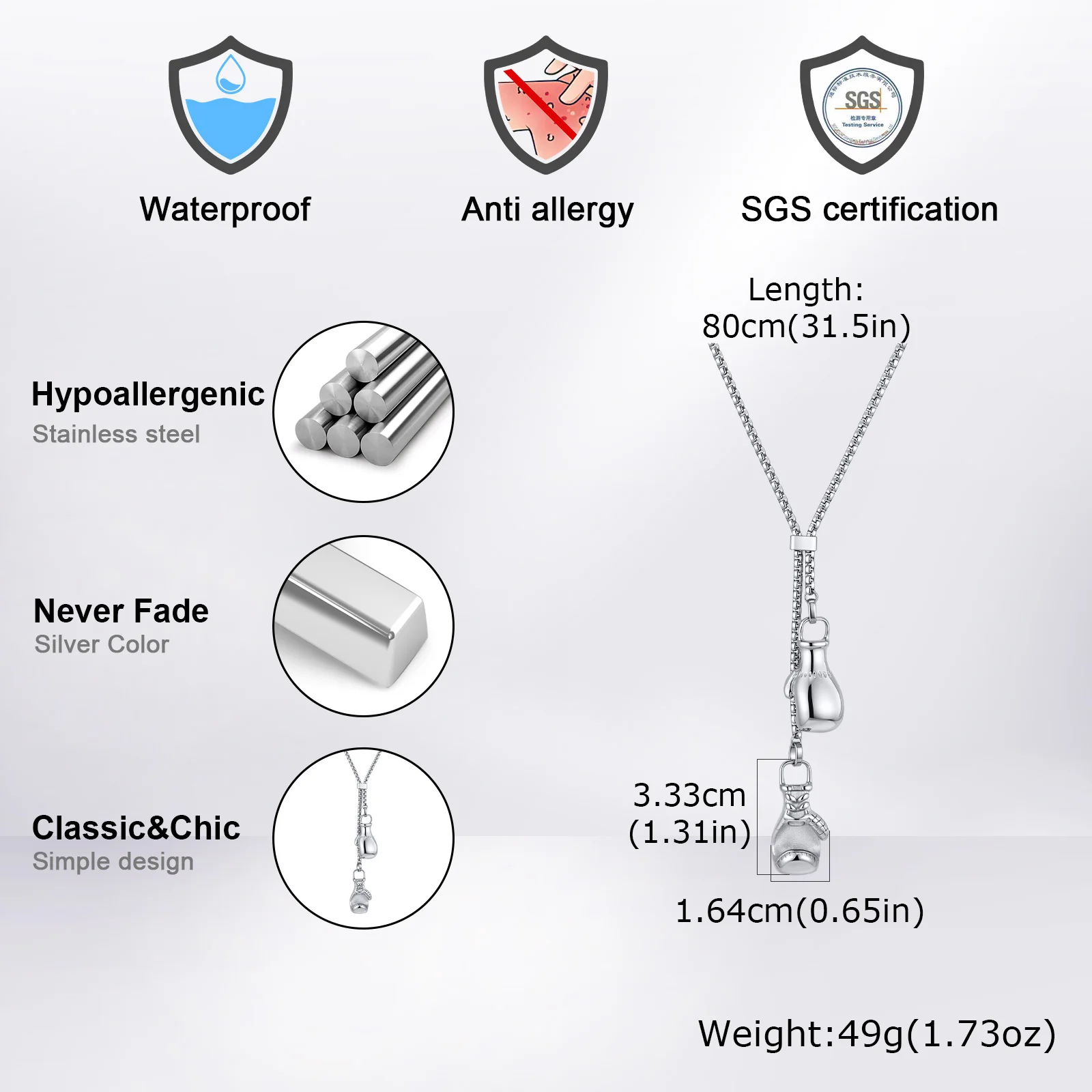 Boxing Glove Long Necklace for Men,Stainless Steel Fish Charm Collars,Casual Sweater Chain Gift for Father Son BBF
