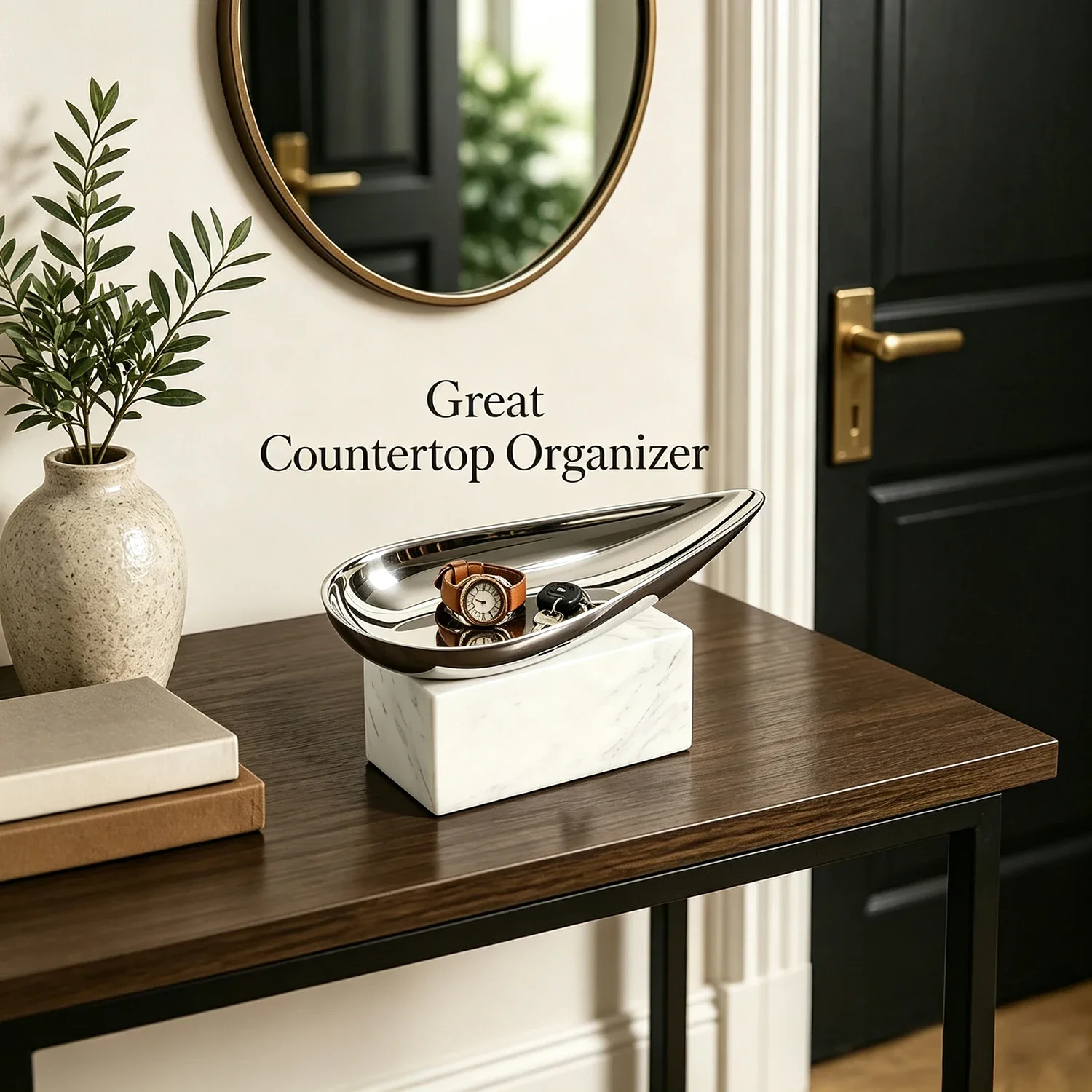 Stainless Steel Marble Base Decorative Tray Teardrop Shape Countertop Jewelry Key Storage Dish Modern Home Tabletop Organizer