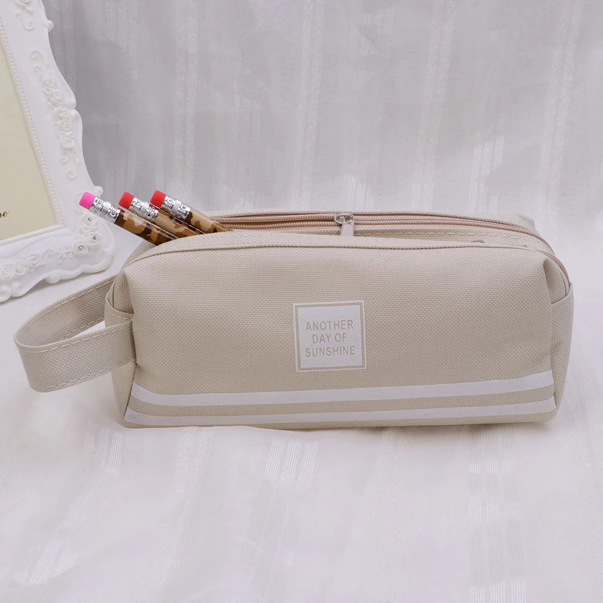 

Large Capacity Double Layer Pencil Bag Canvas Pen Case Beige Portable Zipper Pouch Multifunctional Cosmetics Storage Organizer