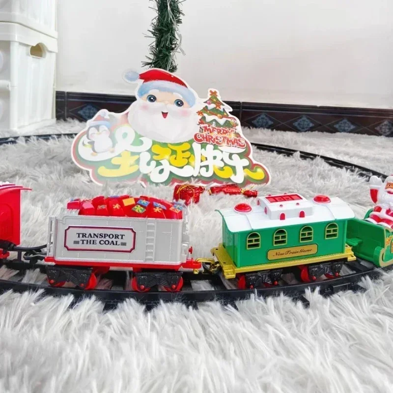 クリスマスツリーの装飾,電気おもちゃ,線路フレーム,音と光のレールが付いた鉄道車両,子供のためのクリスマスの誕生日プレゼント