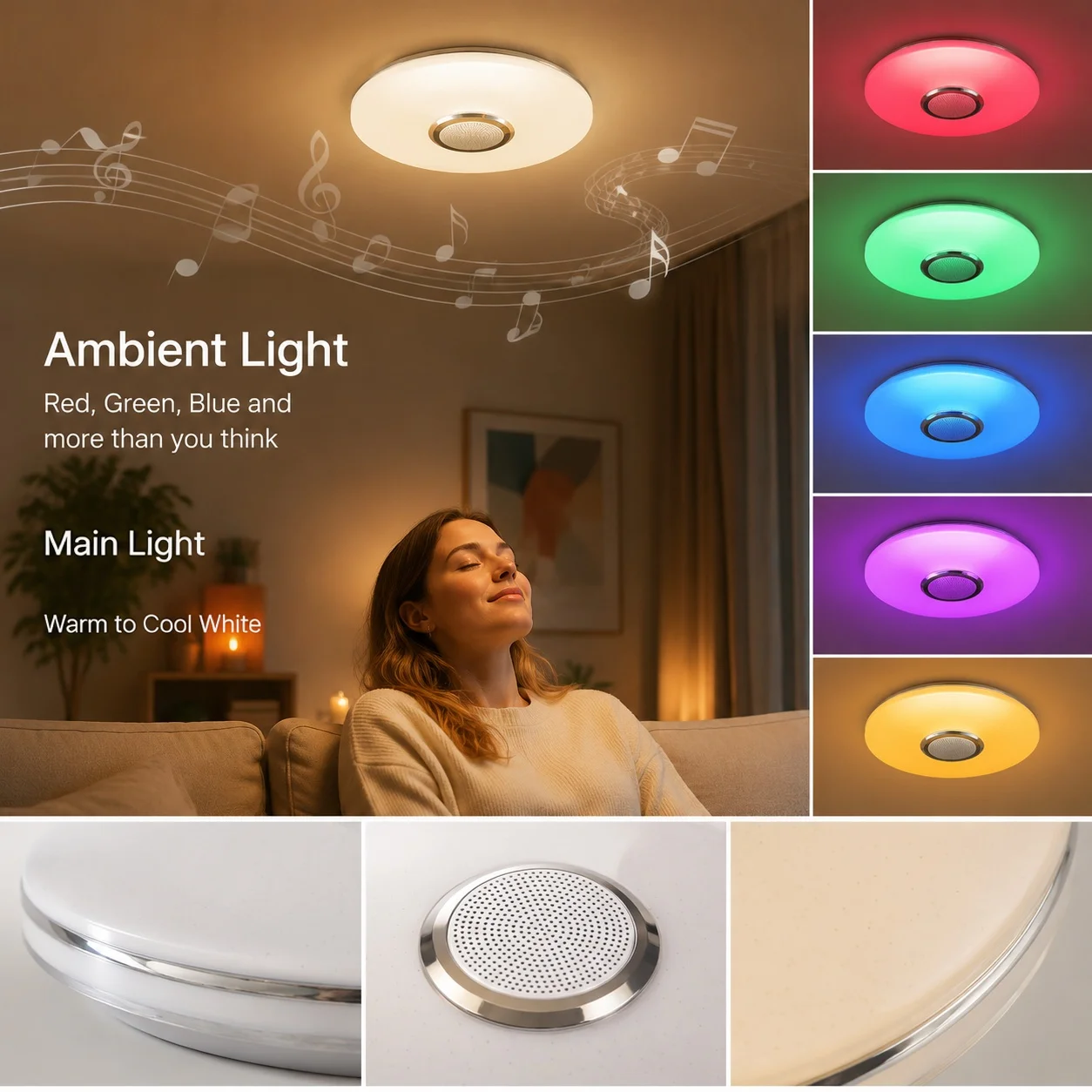 1PC Ceiling Light with Bluetooth Speaker & Remote Control Integrated, 220 V-240V,LED RGB Colour Changing Ceiling Light Dimmable