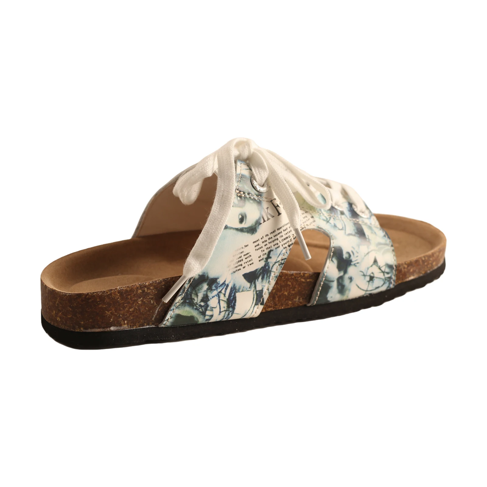 TMA EYES Damen Kunstvolle Schnür-Sandalen mit breiter Passform, Korksohlen, Zeitungsmuster, Lässige Slip-On Sommerschuhe – Detail 3