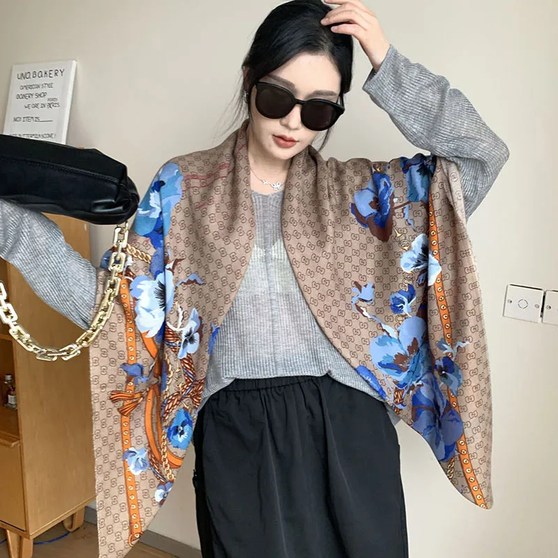 

130cm 130cm Cotton Linen Flower Luxury Shawl Spring And Autumn Elegant Women's Outdoor Tourism Beach Scarf Fashion Accessories