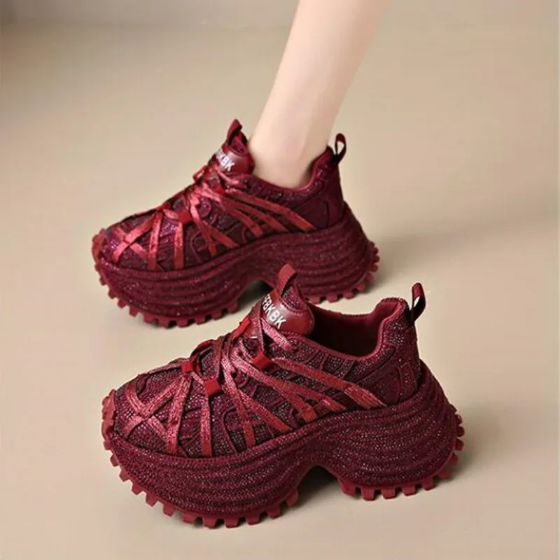 

2026 Women's Sparkly Rhinestone Chunky Platform Sneakers Red Thick Sole Lace-Up Casual Dad Shoes for Daily Street Outdoor Wear