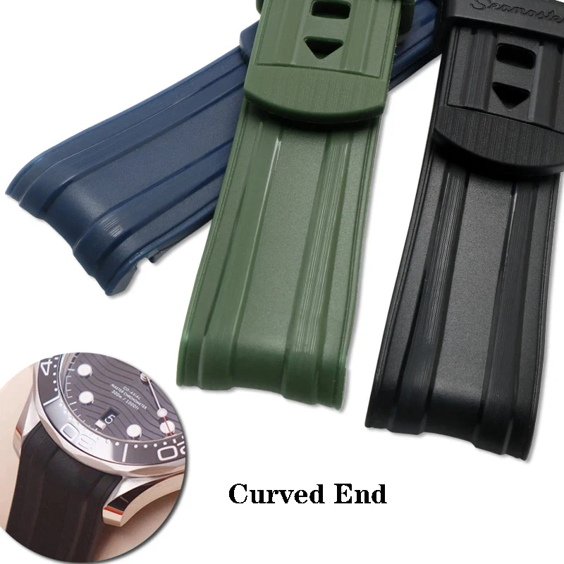 Curved End Rubber Green Blue Black Strap for Omega Seamaster 300  Diving Stainless Steel Buckle Men Replacement Watchbands 20mm