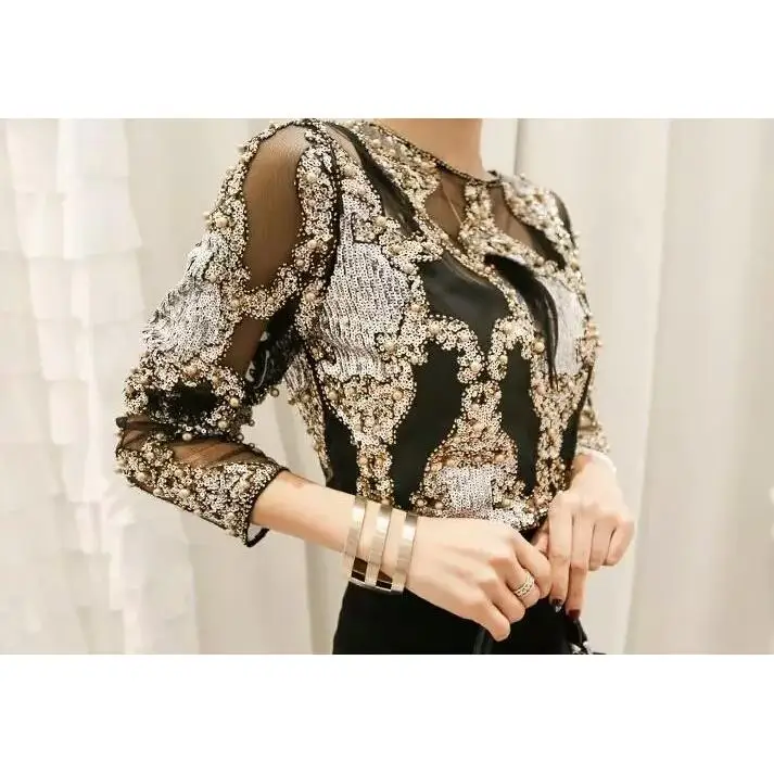 

Женский свободный кружевной топ из полиэфирного волокна с эффектом похудения, вышитый бисером и блестками, лето 202, цветочный узор