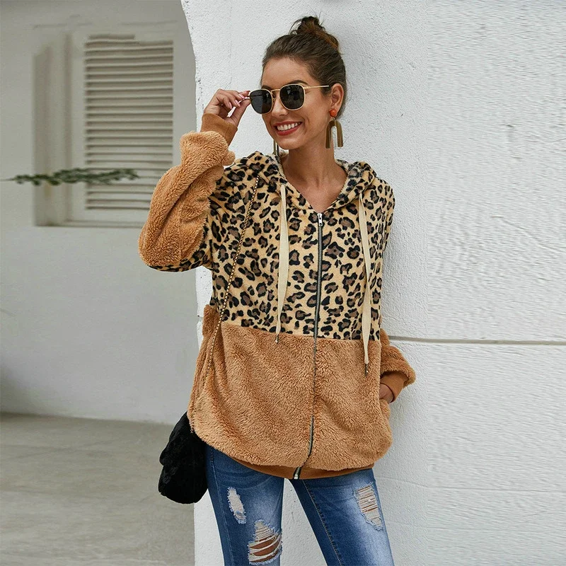 Autumn Winter Leopard Sweatshirts Women 2024 Long Sleeve Hooded Hoodies Casual Zipper Thick Hoodie Top Warm Coat Polerones Mujer