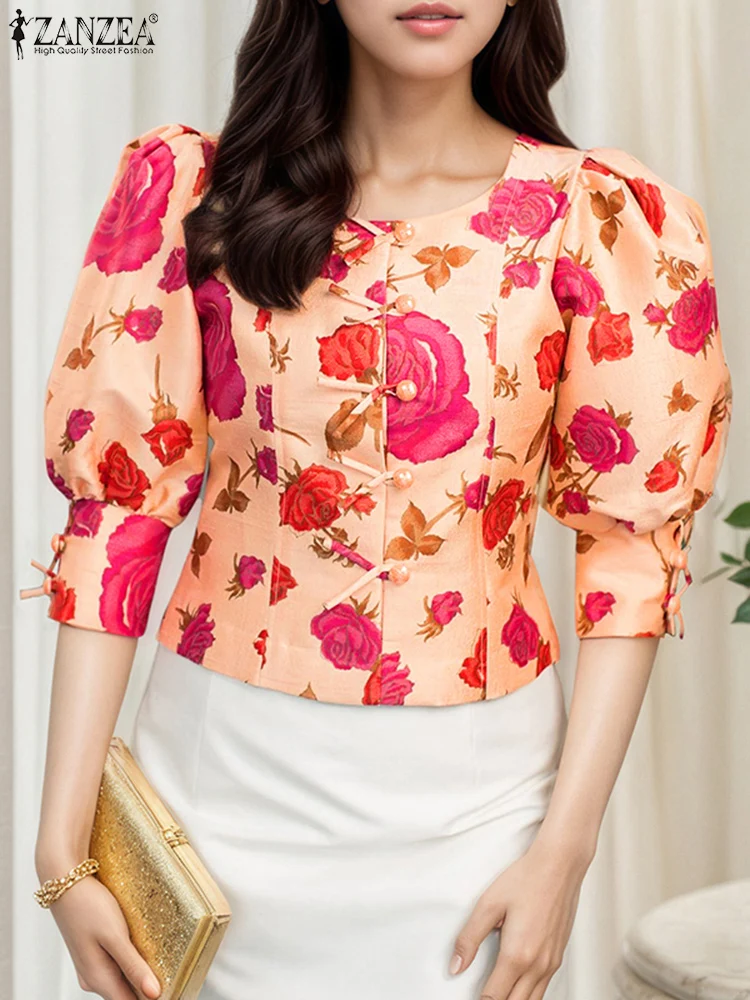 ZANZEA ผู้หญิงครึ่งพัฟแขนเสื้อวินเทจลายดอกไม้พิมพ์เสื้อลําลองปุ่ม Blusas 2025 ฤดูร้อน OL เสื้อทํางาน