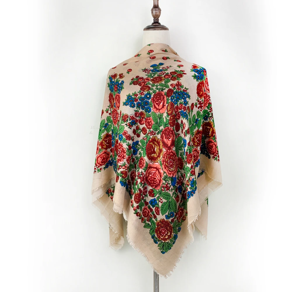 120*120cm Luxury Floral Print Russian Square Scarf Women Breathable Thin Bandana Shawl Foulard Femme Beach Stole Lady Wraps