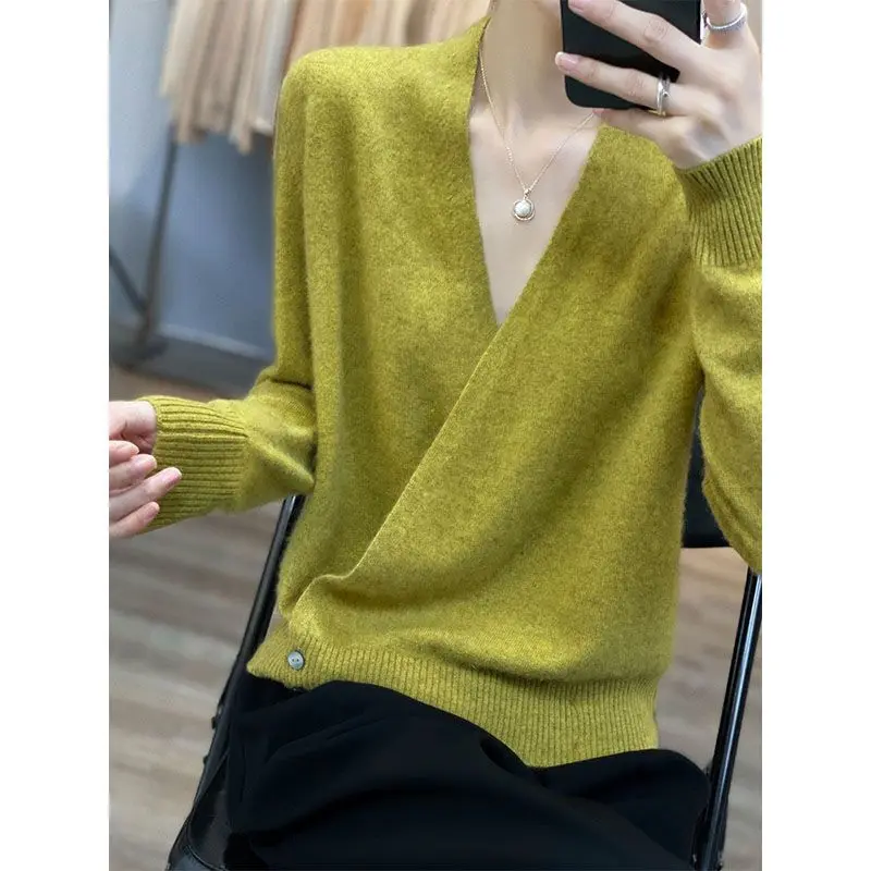 Women's 100% Merino Wool Autumn Winter Cross Wrap Pullover Sweater V Neck Muted Luxe For City Sightseeing Multi Layer Matching