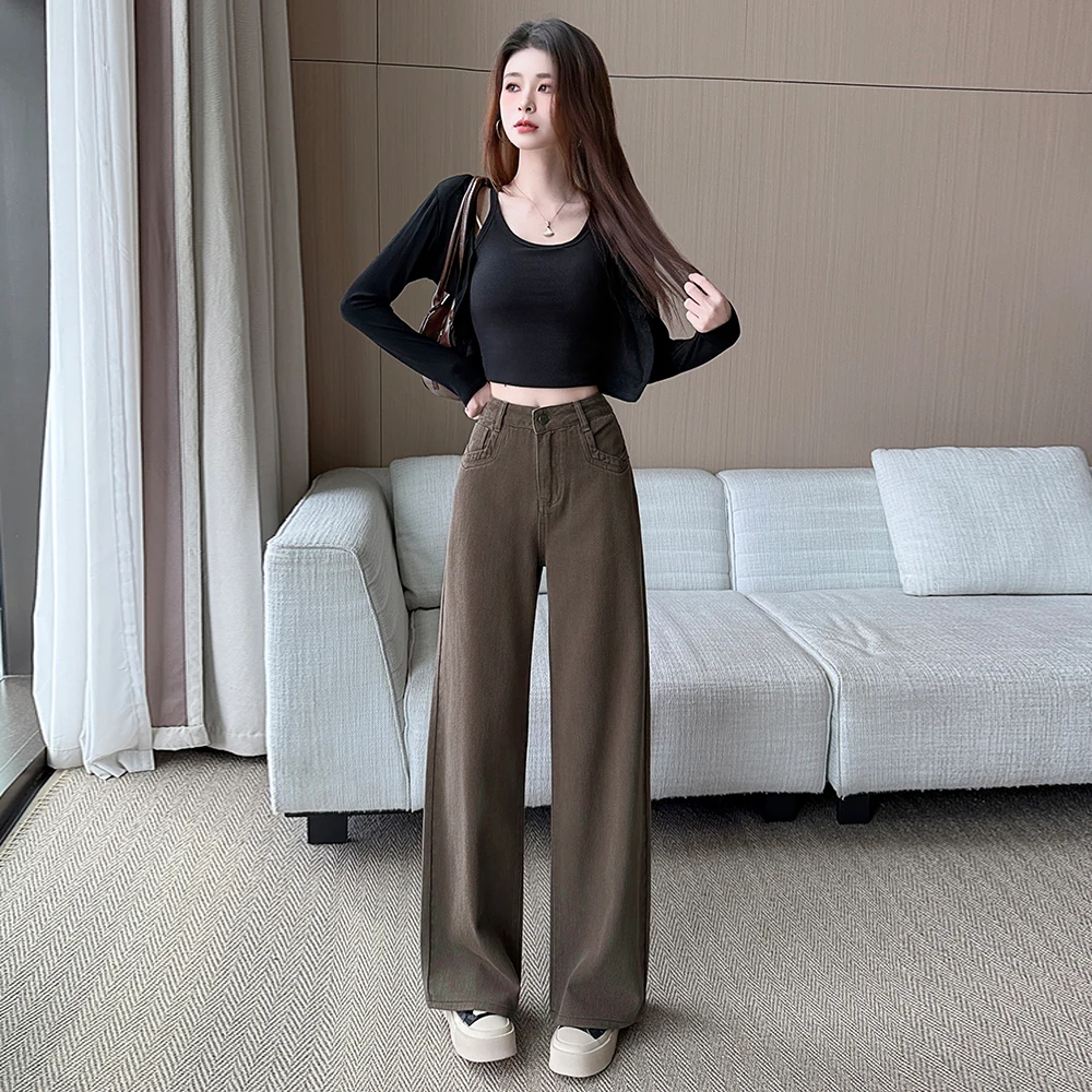 Women's Petite‑Fit Coffee‑Colored Narrow‑Cut Straight‑Leg Wide‑Leg Jeans, Versatile For Autumn And Winter Daily Outfits - view 5