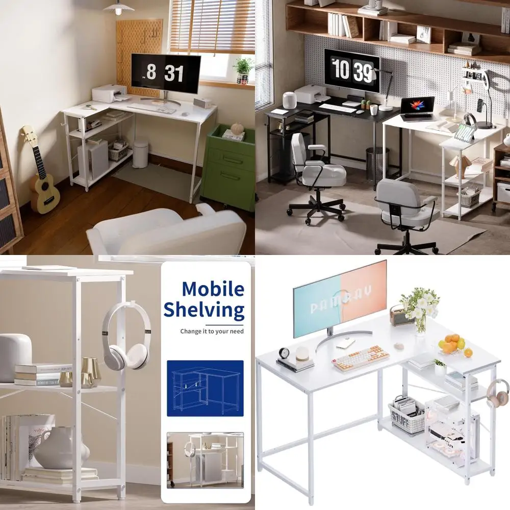 

43-дюймовый L-образный компьютерный стол с двусторонними боковыми полками для хранения, небольшой угловой стол для небольшого домашнего офиса, письменного кабинета