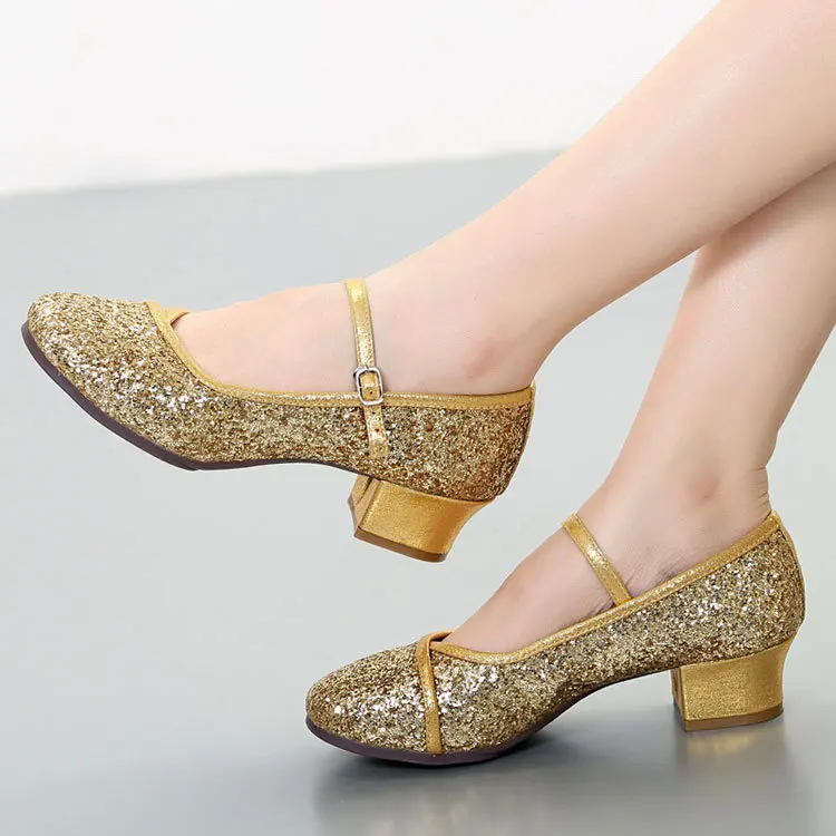 Women's Sequin Professional Latin Dance Shoes Low-heeled Shoes Closed Toe Salsa Tango Ballroom Standard Dance Shoes Women