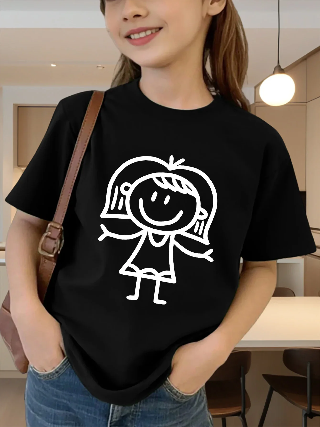 Cute Happy Stick Girl Line Art Graphic Tee for Kids Soft Cotton Crew Neck Short Sleeve Summer Top Boys Girls Family Matching