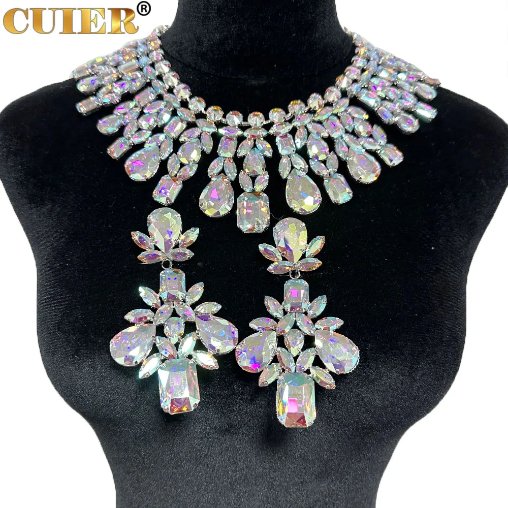 CUIER Super Shiny Glass Necklace& Earring Set Drag queen Big Size Jewelry for Beauty Pageant TV Show Accessories