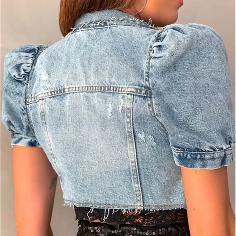 Women Vintage Short Denim Jacket New Fashion Bubble Short Sleeve Solid Color Outerwear 2023 Summer Single-breasted Cardigan Coat