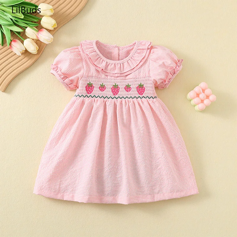 

2024 Girls Dresses Kids Embroidered Pattern Paid Cotton Breathable Strawberry Costume Matching Summer Outfit Children's Clothes